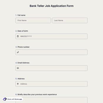 Bank Teller Job Application Form