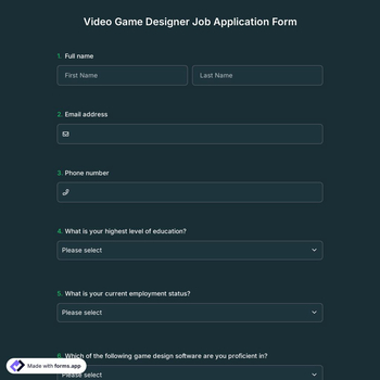 Video Game Designer Job Application Form
