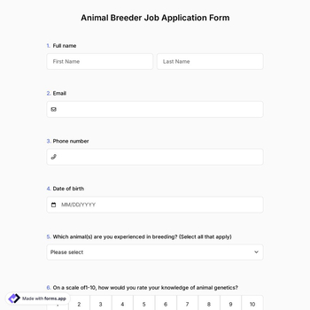 Animal Breeder Job Application Form