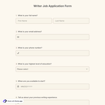 Writer Job Application Form
