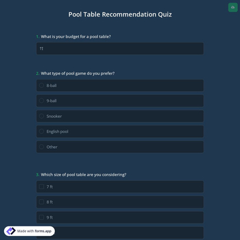 Pool Table Recommendation Quiz