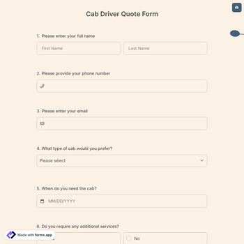 Cab Driver Quote Form
