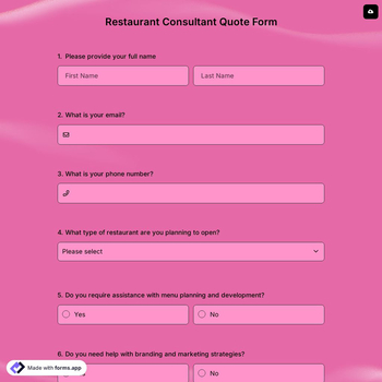 Restaurant Consultant Quote Form