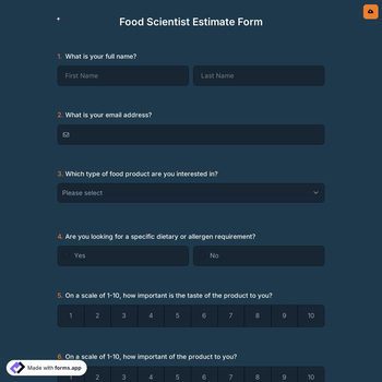 Food Scientist Estimate Form