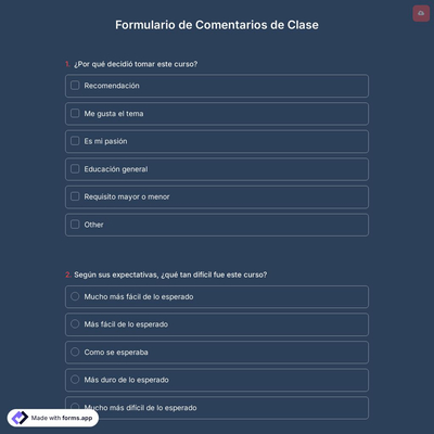 Plantilla de Formulario de Comentarios de Clase