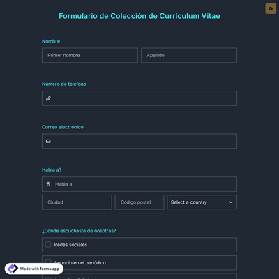Plantilla de Formulario de Colección de Currículum Vitae