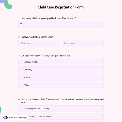 Child Care Registration Form Template
