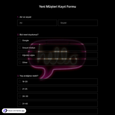 Yeni Müşteri Kayıt Formu Şablonu