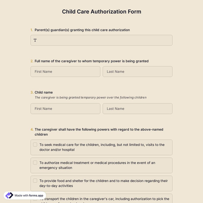 Child Care Authorization Form Template