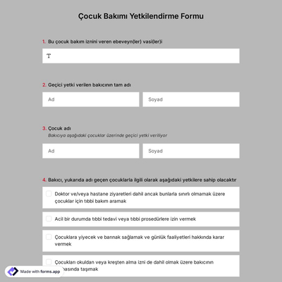  Çocuk Bakımı Yetkilendirme Formu Şablonu