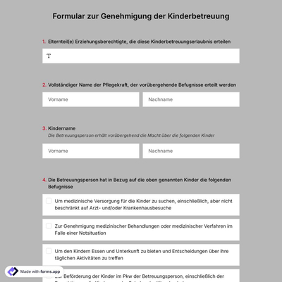 Formular zur Genehmigung der Kinderbetreuung