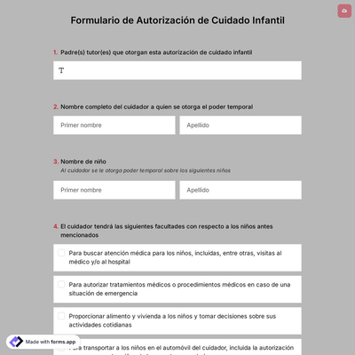 Plantilla de Formulario de Autorización de Cuidado Infantil