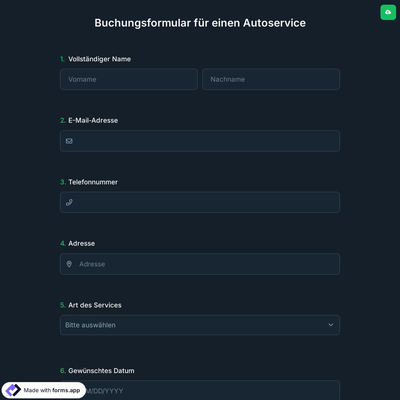 Buchungsformular für einen Autoservice