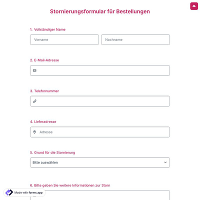 Stornierungsformular für Bestellungen