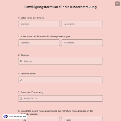 Einwilligungsformular für die Kinderbetreuung