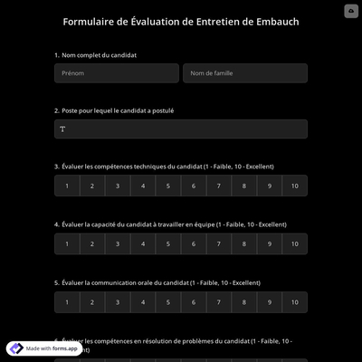 Formulaire de Évaluation de entretien de Embauche