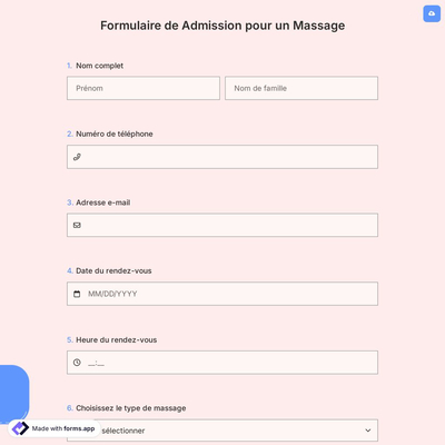 Formulaire de Admission pour un Massage
