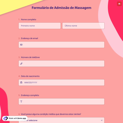 Formulário de Admissão de Massagem
