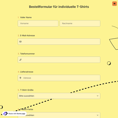 Bestellformular für individuelle T-Shirts