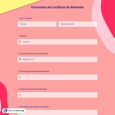 Formulaire de Certificat de Bénévole