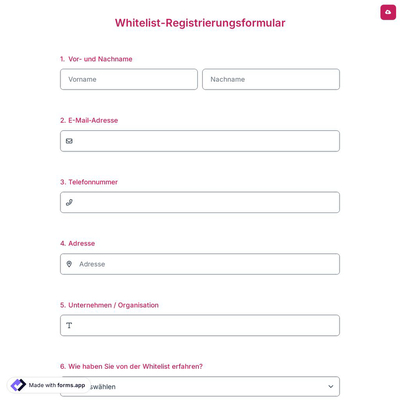 Whitelist-Registrierungsformular