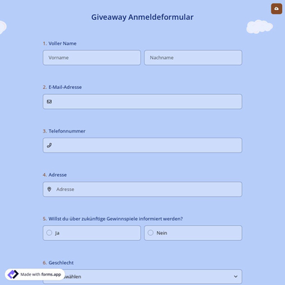 Giveaway Anmeldeformular