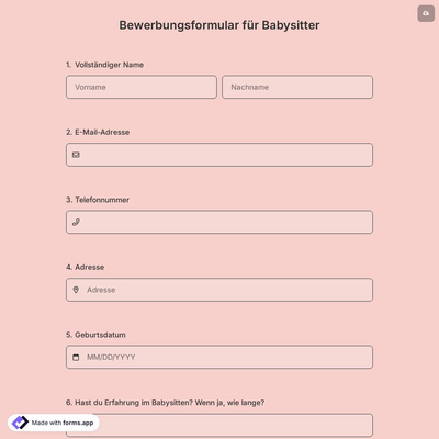 Bewerbungsformular für Babysitter