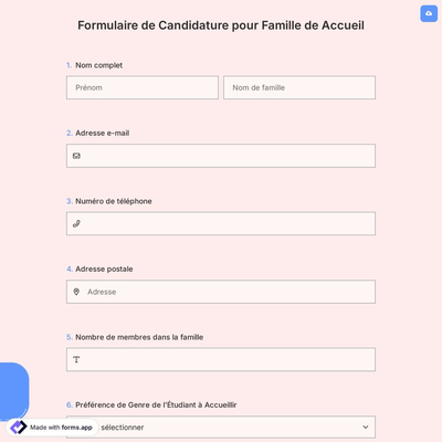 Formulaire de Candidature pour Famille de Accueil