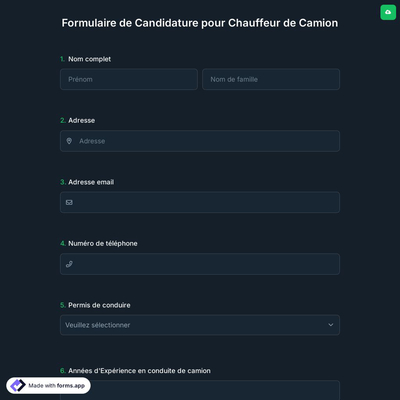 Formulaire de Candidature pour Chauffeur de Camion