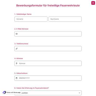 Bewerbungsformular für Freiwillige Feuerwehrleute