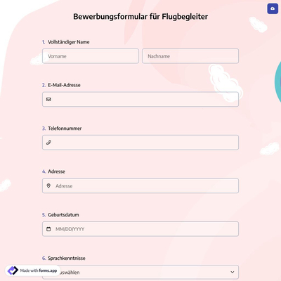 Bewerbungsformular für Flugbegleiter