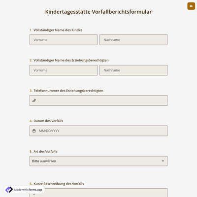 Kindertagesstätte Vorfallberichtsformular