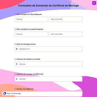 Formulaire de Demande de Certificat de Mariage