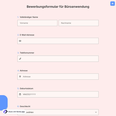 Bewerbungsformular für Büroanwendung