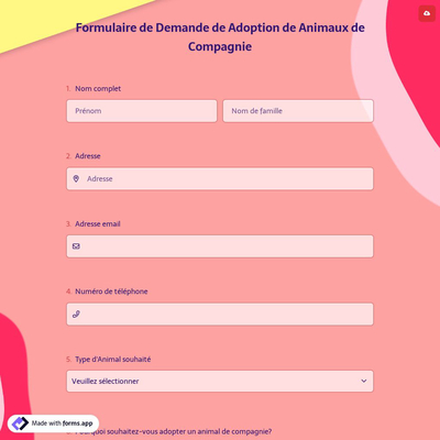 Formulaire de Demande de Adoption de Animaux de Compagnie
