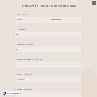 Formulaire de Réservation de Artiste Musical