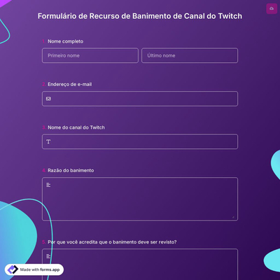 Formulário de Recurso de Banimento de Canal do Twitch
