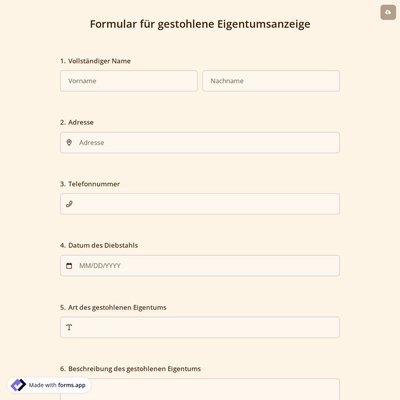 Formular für Gestohlene Eigentumsanzeige