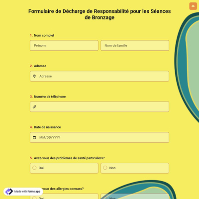 Formulaire de Décharge de Responsabilité pour les Séances de Bronzage