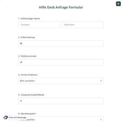 Hilfe Desk Anfrage Formular