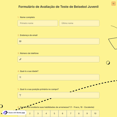 Formulário de Avaliação de Teste de Beisebol Juvenil