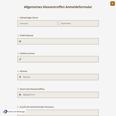 Allgemeines Klassentreffen Anmeldeformular
