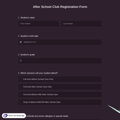 After School Club Registration Form