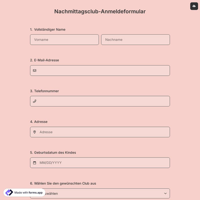 Nachmittagsclub-Anmeldeformular