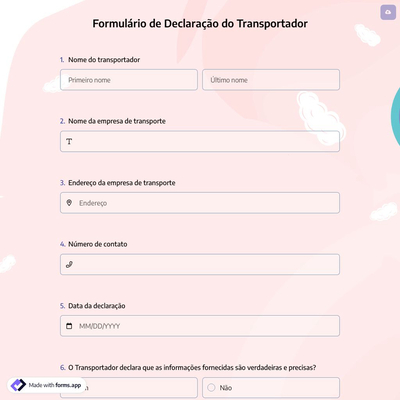 Formulário de Declaração do Transportador