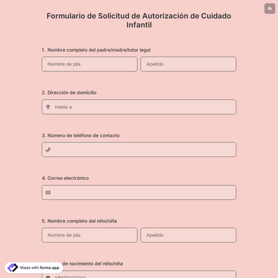 Formulario de Solicitud de Autorización de Cuidado Infantil
