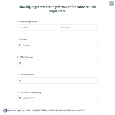 Formular für die Zustimmung zu Zahnimplantaten