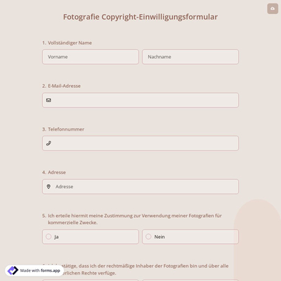 Fotografie Copyright-Einwilligungsformular