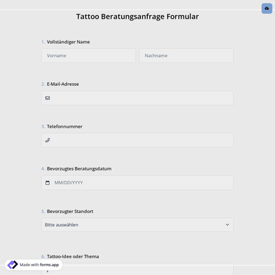Tattoo Beratungsanfrage Formular