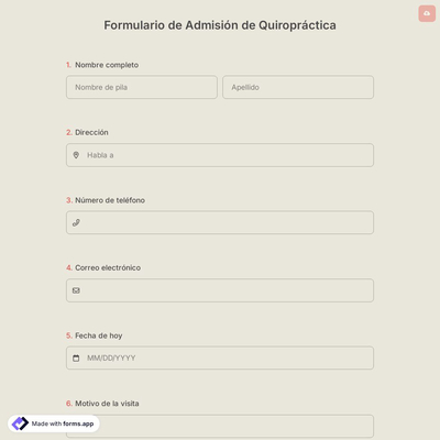 Formulario de Admisión de Quiropráctica